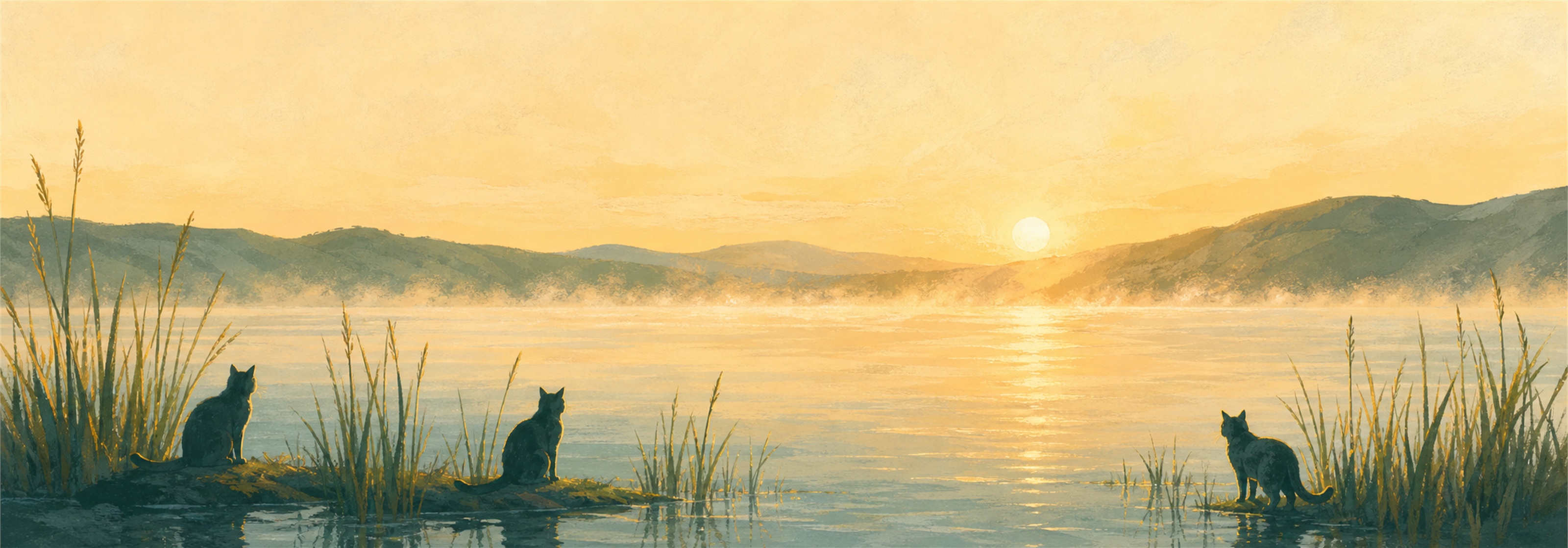 Illustration: three cats on the bank among the tules at the edge of Clear Lake in early morning light
